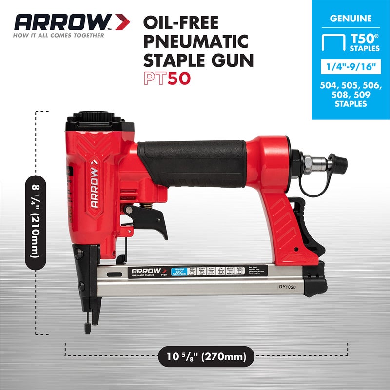 Arrow Fastener Arrow PT50 Oil-Free Pneumatic Staple Gun, Professional Heavy-Duty Stapler for Wood, Upholstery, Carpet, Wire Fencing, Fits 1/4â€, 5/16â€, 3/8", 1/2", 9/16â€ Staples , Red - Image 3
